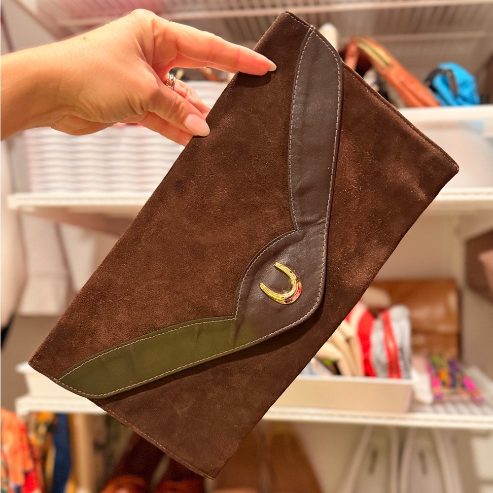 Vintage Brown Suede Clutch | Envelope Purse | Minimalist | Gold Detail